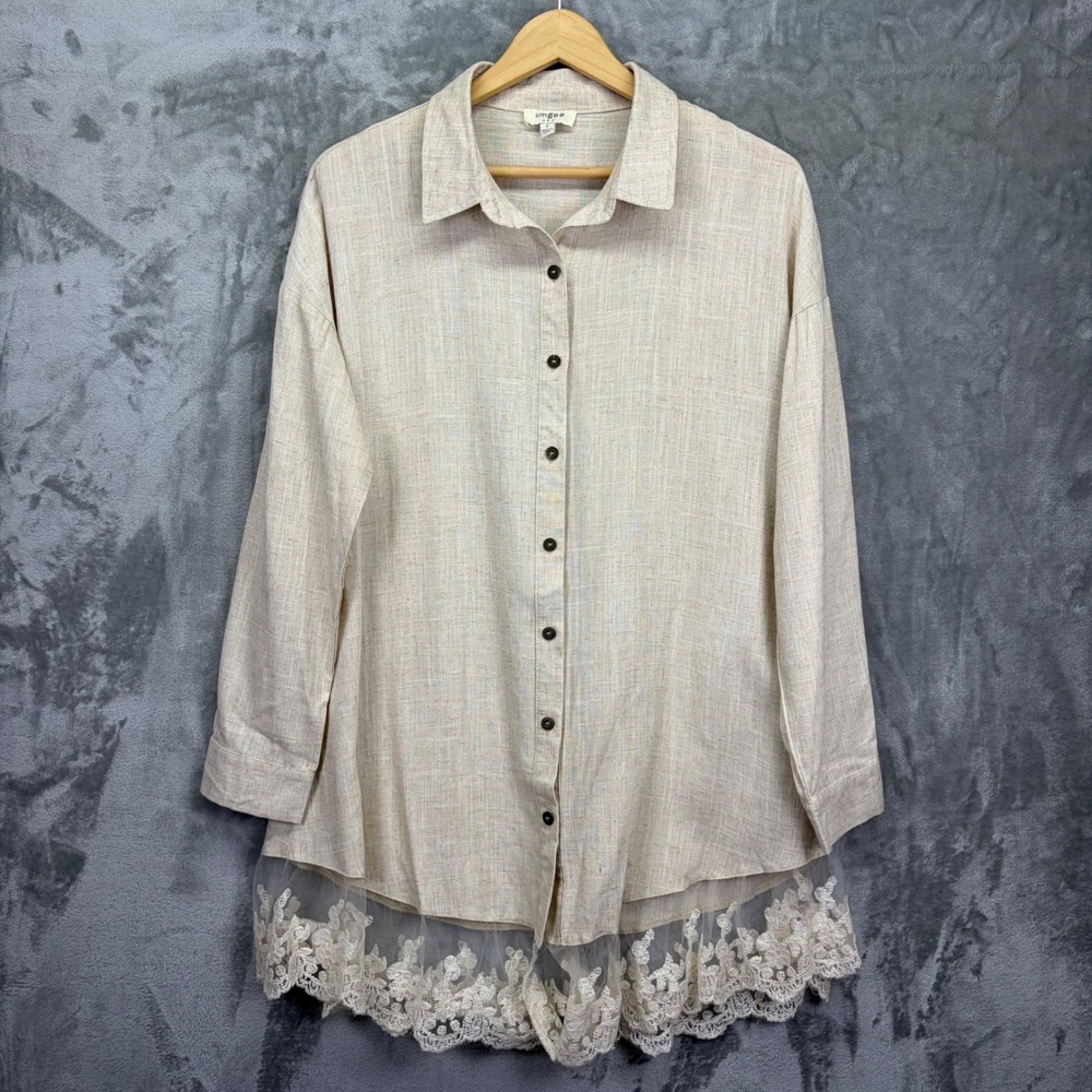 Umgee Women's Linen Tunic Top Size Small Lace‎ Trim Cream Costal Preppy